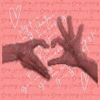 Different hands folded in the heart of grunge pop art dots, Valentine's Day postcard. Pink background with inscriptions and hands with a heart in dots for a postcard to a loved one Declaration of love vector