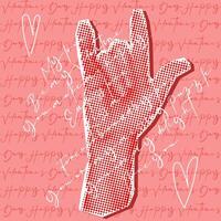 A hand in the sign I love you grunge pop art dots on Valentine's Day. Pink background with inscriptions and a hand in dots for a postcard to a loved one. A declaration of love and a heart. collage vector