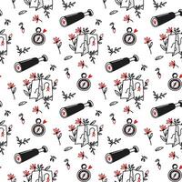 Pattern in search of love binoculars, map, compass, flowers. Seamless pattern for Valentine's Day. Floral background. Print Find love on textiles, paper. Packaging for printing on textiles, packaging vector