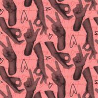 Hands, the inscription love in the style of grunge pop art, a seamless pattern for Valentine's Day. Pink with inscriptions and hands for gift wrapping to a loved one. A declaration of love and a heart vector