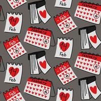 Pattern of calendars marked February 14th is a flat doodle. Valentine's Day calendar page with a seamless pattern in the background. Business flat vector illustration. Valentine's Day, February 14th