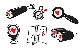 Set of doodle objects for searching for love, a magnifying glass, binoculars, a map, a compass in dark colors. Search items with hearts for Valentine's Day. Find love with the help of a card Black Red vector