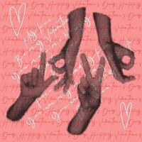 Hands make the inscription love grunge pop art dots, Valentine's Day postcard. Pink background with inscriptions and hands in dots for a postcard to a loved one. A declaration of love and a heart vector