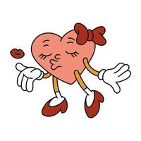 un aislado imagen de un retro corazón soplo un beso. un hembra personaje en el forma de un corazón en el retro dibujos animados estilo, aislado en un blanco antecedentes. vector plano ilustración. San Valentín día