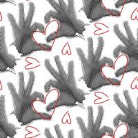 Pattern of hands folded in the shape of a heart, in the style of grunge pop art for Valentine's Day. Repeating hands, heart-shaped fingers for printing on a gift box for a loved one. A declaration vector