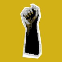 A raised hand in the style of pop art. The creative concept of a raised hand clenched into a fist. Black and white on a yellow background is a vector hand-drawn design. Dotted black pattern