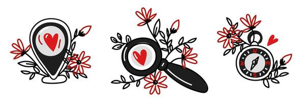 Set of doodle objects for searching for love, a magnifying glass, binoculars, a compass, a marker for finding flowers. Search items with hearts for Valentine's Day. Find love with the help of a card vector