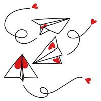 Set of paper airplanes with hearts. Flying airplane with an air route line carries hearts. The trajectory of the aircraft with a heart, the air trail of the flight. Isolator doodle illustration. Black vector