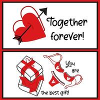 A set of Valentine's Day postcards from doodle-style illustrations. Two hearts pierced by one arrow, an open gift box with a set of underwear. All illustrations with declarations of eternal love vector