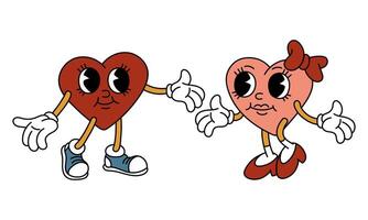 Pair of isolated retro hearts of a boy and a girl are walking towards each other. Heart-shaped characters in retro cartoon style on white. Vector flat illustration. Valentine's Day hug at the meeting