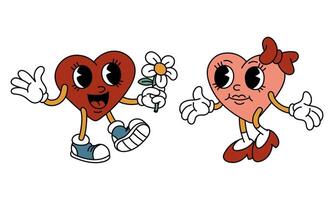 Pair of isolated retro hearts of a boy and a girl are walking towards each other. Characters in the shape of hearts in a retro cartoon. Vector flat illustration. Chamomile Flower for Valentine's Day