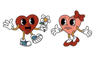 par de aislado retro corazones de un chico y un niña son caminando hacia cada otro. caracteres en el forma de corazones en un retro dibujos animados. vector plano ilustración. manzanilla flor para San Valentín día