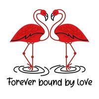 The postcard with two red flamingos in the doodle style is flat. The text is forever bound by love. Tropical exotic birds stand in the shape of a heart. Flat vector illustration in the form of doodles