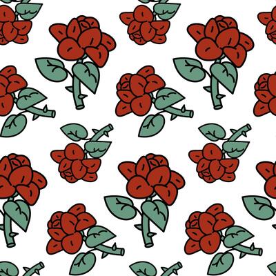 Retro cartoon rose pattern. The rose is hand-painted. A bright black outline with red and green fill. Seamless pattern highlighted on a white background. Vintage abstract endless background.