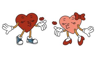 par de aislado retro corazones de un chico, un niña son caminando hacia cada otro. el caracteres son en el forma de corazones en un retro dibujos animados estilo. vector plano ilustración. San Valentín día aire Besos