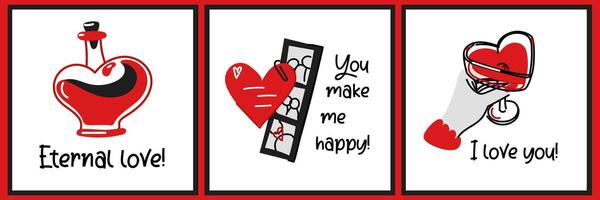 Set of Valentine's Day postcards from doodle-style illustrations. A jar of potion in the shape of a heart, a Valentine with a strip of photos, a woman's hand with a glass. All illustrations with text vector