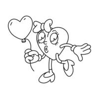 Contour image of a retro heart holding a balloon in its hands. Female character in the shape of a heart in the retro cartoon style, isolated on a white background. Vector illustration the doodle line