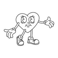 un aislado imagen de un retro corazón acerca de a abarcar. un masculino personaje en un en forma de corazon retro dibujos animados estilo, aislado contorno colorante en un blanco antecedentes. vector plano ilustración. San Valentín día