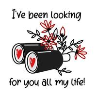 A postcard with binoculars in flowers. A love search icon in a vector with the text You are the best in my life. A magnifying glass with a heart inside. Valentine's Day icon, Linear love search icon