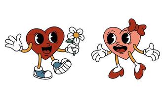 A pair of isolated retro hearts of a boy and a girl are walking towards each other. Heart-shaped characters in retro cartoon style on white. Vector flat illustration. Valentine's Day daisy flower, joy