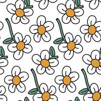 Retro cartoon daisy pattern. The flower is hand-painted. A bright black outline with a yellow fill. Seamless pattern highlighted on a white background. Vintage abstract endless background vector