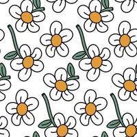 Retro cartoon daisy pattern. The flower is hand-painted. A bright black outline with a yellow fill. Seamless pattern highlighted on a white background. Vintage abstract endless background vector