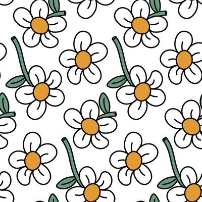 Retro cartoon daisy pattern. The flower is hand-painted. A bright black outline with a yellow fill. Seamless pattern highlighted on a white background. Vintage abstract endless background