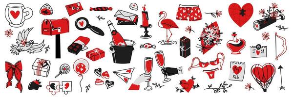 Doodle-style Valentine's Day set. Black and red linear outline. An isolated vector. Envelopes with hearts, keys and locks, bouquet, mail, champagne, sweets, bow and arrow, balloon and others vector