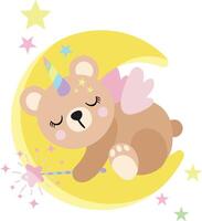 Cute unicorn teddy bear sleeping on moon vector