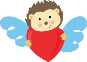 Cute hedgehog holding a red heart with wings vector