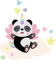 linda unicornio panda sentado en nube vector