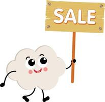 Funny cloud mascot holding a wooden sign with sale inscription vector