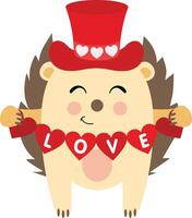 Loving hedgehog holding a love red heart flag garland vector