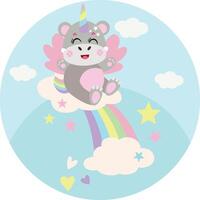 Round illustration with unicorn hippo on rainbow with clouds vector