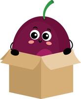 Funny exotic passion fruit mascot in cardboard box. vector