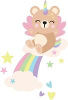 Unicorn teddy bear on rainbow with clouds vector