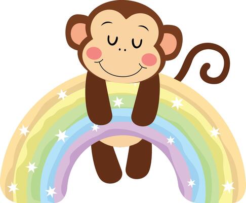 Cute monkey hanging on magic rainbow