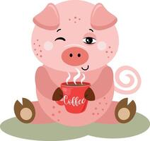 Cute pig drinking a hot coffee vector