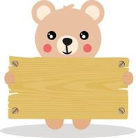 Funny teddy bear with wooden signboard vector
