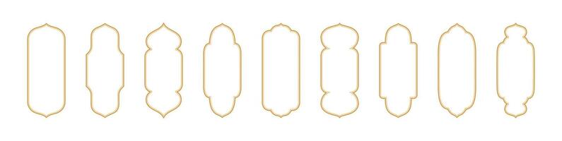 Golden Islamic frame shapes for the month of Ramadan. Borders with Arabic designs. Collection of isolated vector elements on white background.