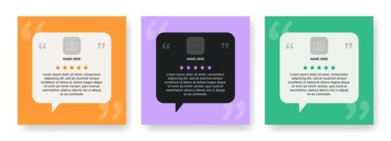 enviar plantillas para cliente reseñas cliente testimonios en el formar de habla burbujas con espacio para fotos, texto y estrella calificaciones vector diseño para social redes o sitios web