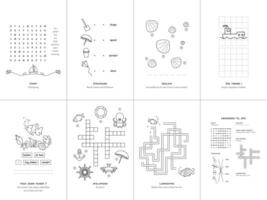 Set of seven games on the theme of the sea. Game and coloring page for kids. Danish language. Set No. 2. vector