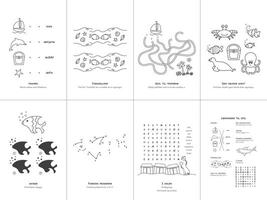 Set of seven games on the theme of the sea. Game and coloring page for kids. Danish language. Set No. 3. vector