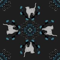 Seamless Pattern. Mandala. Cute Cat. Dark gray and Turquoise blue. vector