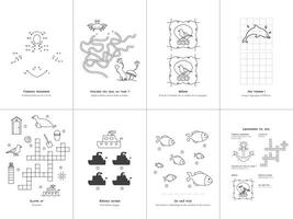 Set of seven games on the theme of the sea. Game and coloring page for kids. Danish language. Set No. 1. vector