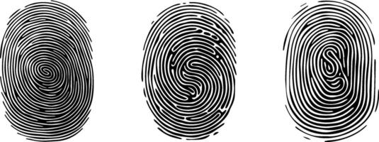 Set of Fingerprint patterns, clear lines and swirls. Human thumbprint. Icon, pictogram, logo. Black and white illustration. Vector isolated on a white background. Security concept.