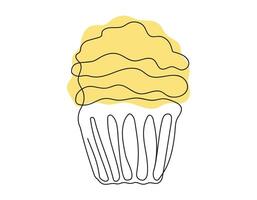 Continuous one line drawing of cupcake. Simple line art of muffin with wavy frosting. Colored vector in one line style. Design element for postcard, print, greeting, banner, scrapbooking