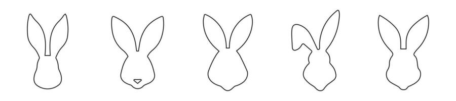 Set of rabbit heads in outline. Easter Bunnies. Isolated on white background. A simple black icons of hares. Cute animals. Ideal for logo, emblem, pictogram, print, design element for greeting card. vector