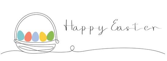 Wicker basket with colorful Easter eggs and a Happy Easter greeting. Continuous one line drawing. Isolated on white background. Minimalist style. Greeting cards, holiday banner. vector