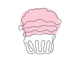 Continuous one line drawing of cupcake. Simple line art of muffin with wavy frosting. Colored vector illustration in one line style. Design element for postcard, print, banner, greeting, scrapbooking.